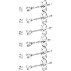 6 Pairs Tiny 2mm Stainless Steel Stud Earrings For Mens Womens CZ Round/ silver